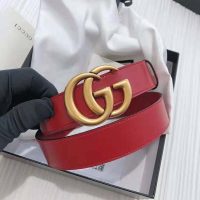 Gucci Unisex GG Marmont Thin Leather Belt with Shiny Double G Buckle-Red