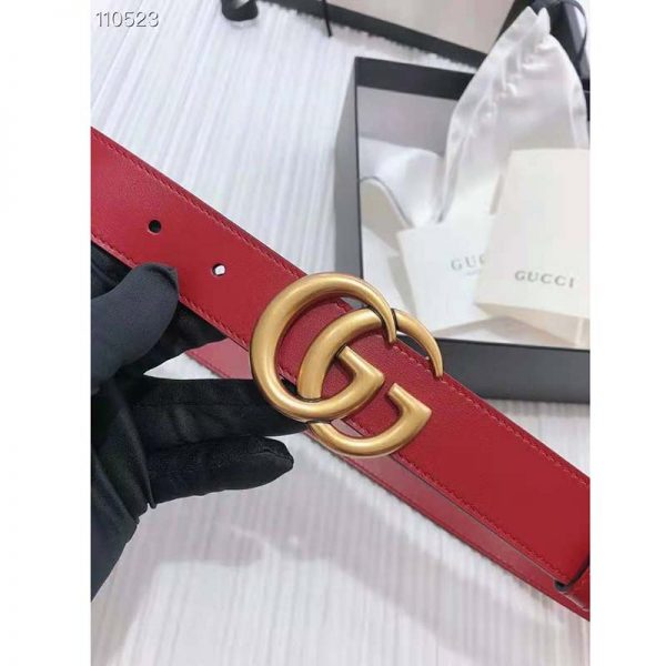 Gucci Unisex GG Marmont Thin Leather Belt with Shiny Double G Buckle-Red (8)