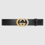 Gucci Unisex Leather Belt with Interlocking G Buckle 4 cm Width Black Leather