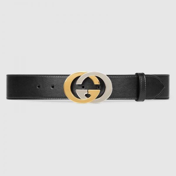 Gucci Unisex Leather Belt with Interlocking G Buckle 4 cm Width Black Leather