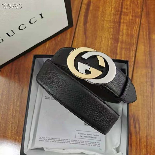 Gucci Unisex Leather Belt with Interlocking G Buckle 4 cm Width Black Leather (3)