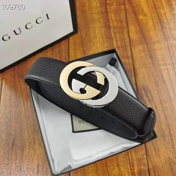 Gucci Unisex Leather Belt with Interlocking G Buckle 4 cm Width Black Leather (4)