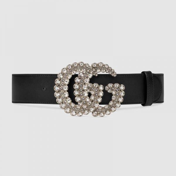 Gucci Women GG Leather Belt with Double G Buckle 4 cm Width-Black