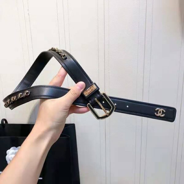 Chanel Women Calfskin & Gold Metal & Belt 3 cm Width-Black (5)