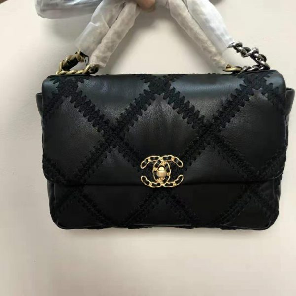 Chanel Women Chanel 19 Flap Bag Calfskin Crochet Gold Silver-Tone & Ruthenium-Finish Metal Black (1)