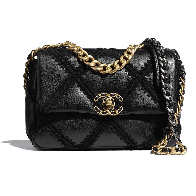 chanel 19 calfskin crochet flap bag