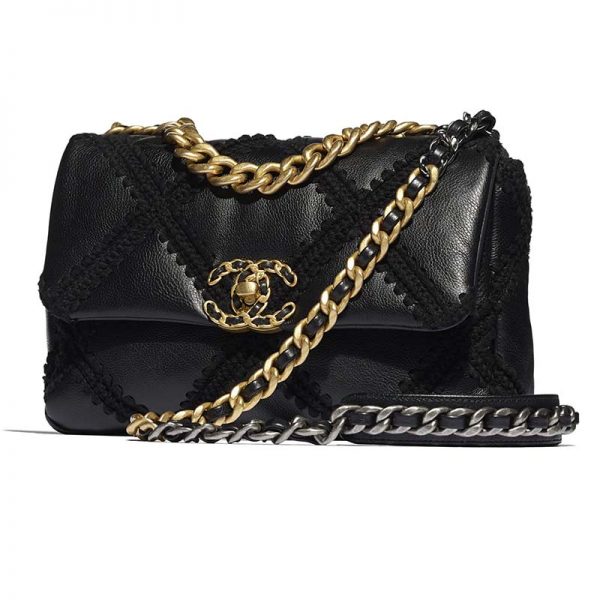 Chanel Women Chanel 19 Flap Bag Calfskin Crochet Gold Silver-Tone & Ruthenium-Finish Metal Black (5)
