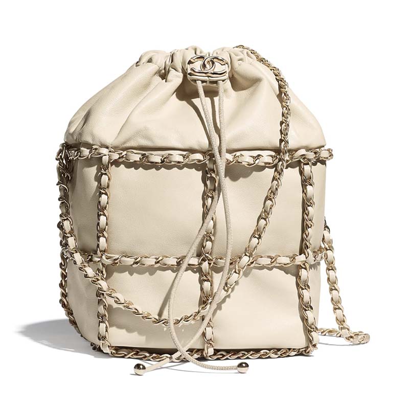 Chanel Women Drawstring Bag Lambskin & Gold Metal Beige Brandsoff