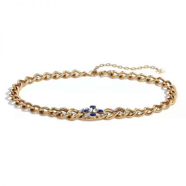 Chanel Women Metal & Glass Strass Gold Blue & Crystal Belt