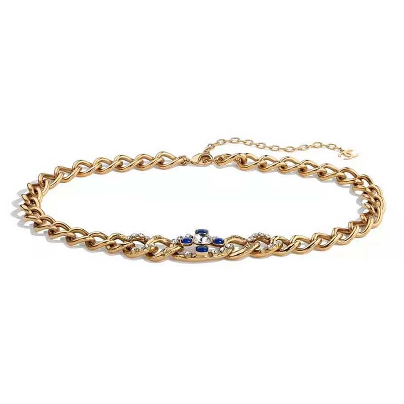 Chanel Women Metal & Glass Strass Gold Blue & Crystal Belt - LULUX