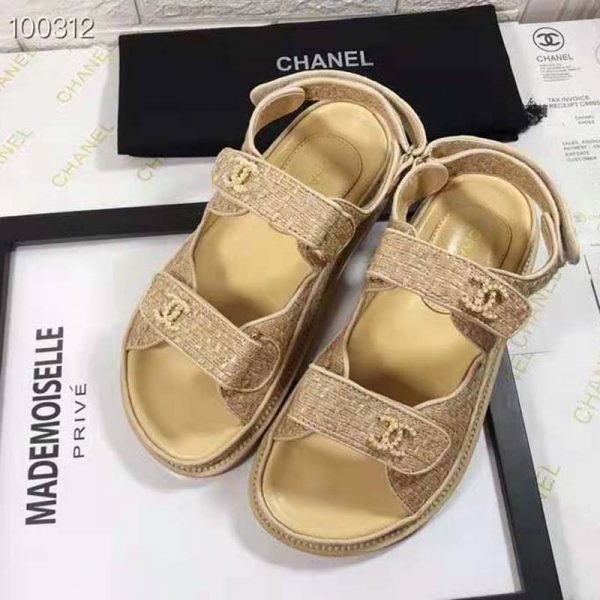 Chanel Women Sandals Braided Fabric Beige 1 cm Heel (1)