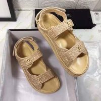 Chanel Women Sandals Braided Fabric Beige 1 cm Heel