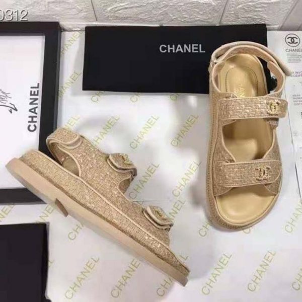Chanel Women Sandals Braided Fabric Beige 1 cm Heel (4)
