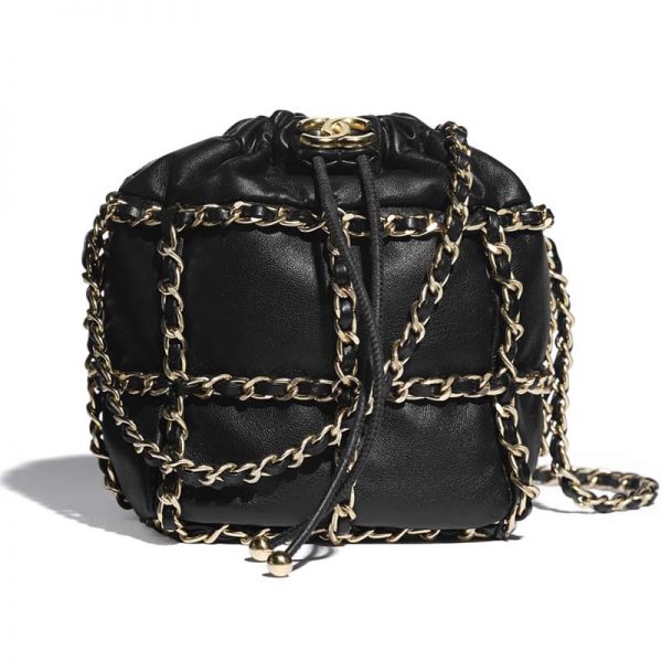 Chanel Women Small Drawstring Bag Lambskin & Gold Metal Black