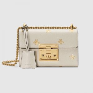 Gucci Women Padlock Gold Bee Star Small Shoulder Bag Textured Leather-White