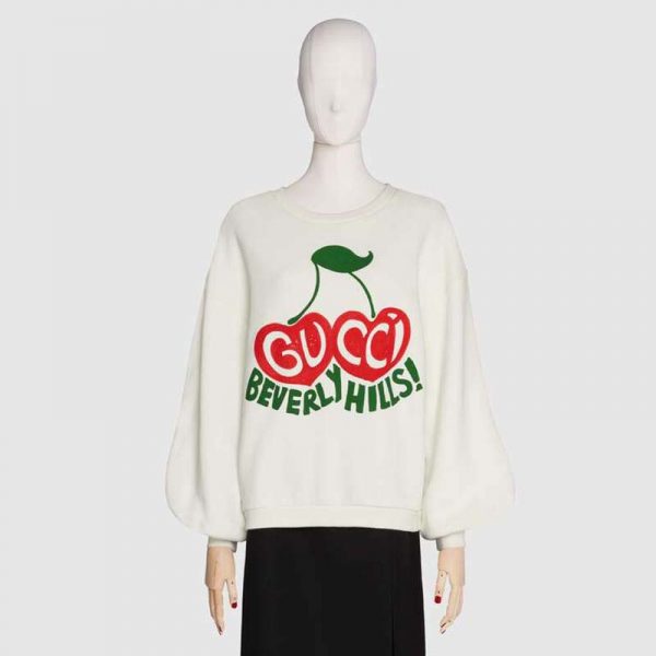 Gucci Men Beverly Hills Cherry Print Sweatshirt Cotton Jersey Crewneck Puff Sleeves-White (2)