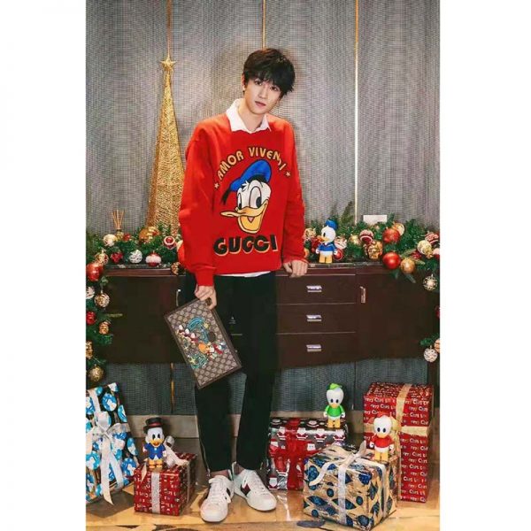 Gucci Men Disney x Gucci Donald Duck Sweatshirt Cotton Crewneck Oversized Fit-Red (2)