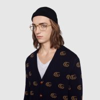 Gucci Men Double G Jacquard Wool Cardigan Front Pockets Blue and Beige