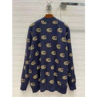 Gucci Men Double G Jacquard Wool Cardigan Front Pockets Blue and Beige