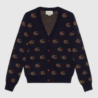 Gucci Men Double G Jacquard Wool Cardigan Front Pockets Blue and Beige