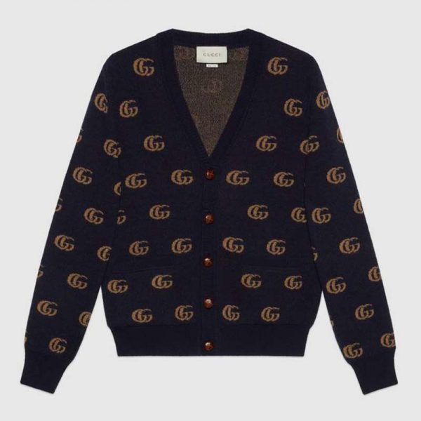 Gucci Men Double G Jacquard Wool Cardigan Front Pockets Blue and Beige