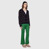 Gucci Men Double G Jacquard Wool Cardigan Front Pockets Blue and Beige