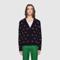 Gucci Men Double G Jacquard Wool Cardigan Front Pockets Blue and Beige