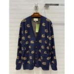 Gucci Men Double G Jacquard Wool Cardigan Front Pockets Blue and Beige - Image 2