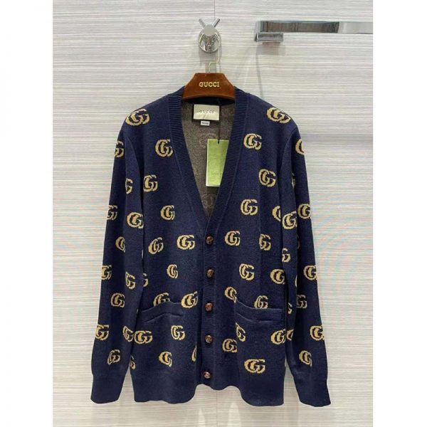 Gucci Men Double G Jacquard Wool Cardigan Front Pockets Blue and Beige (2)