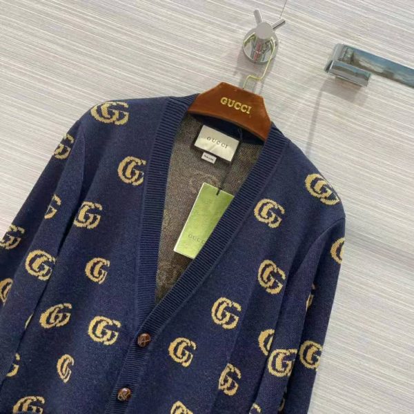 Gucci Men Double G Jacquard Wool Cardigan Front Pockets Blue and Beige (3)