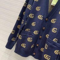 Gucci Men Double G Jacquard Wool Cardigan Front Pockets Blue and Beige