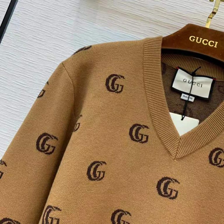 Gucci Men Double G Jacquard Wool V-Neck Sweater Camel and Brown - LULUX