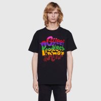 Gucci Men Gucci Prodige D’Amour Print T-Shirt Cotton Crewneck Oversize Fit-Black