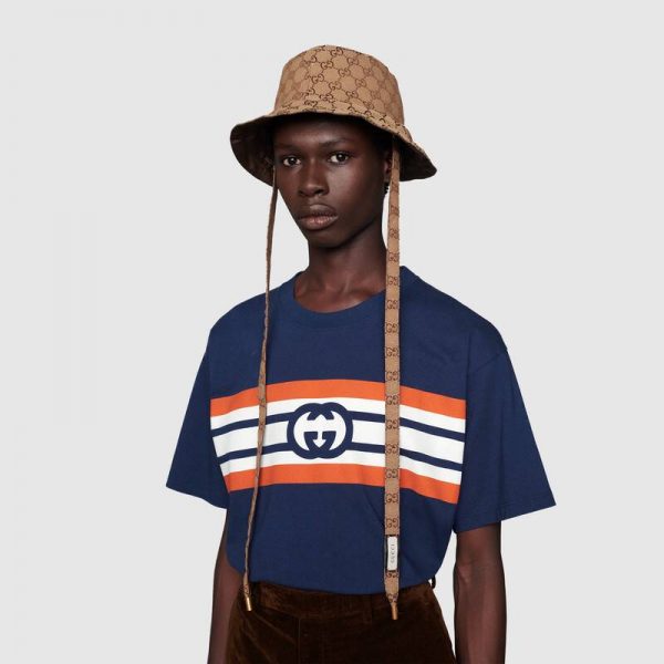 Gucci Men Interlocking G Stripe Print T-Shirt Cotton Jersey Crewneck Oversize Fit-Navy (1)