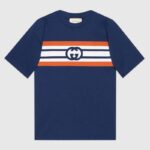 Gucci Men Interlocking G Stripe Print T-Shirt Cotton Jersey Crewneck Oversize Fit-Navy