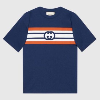 Gucci Women Interlocking G Stripe Print T-Shirt Cotton Jersey Crewneck Oversize Fit-Navy