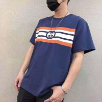 Gucci Men Interlocking G Stripe Print T-Shirt Cotton Jersey Crewneck Oversize Fit-Navy (12)