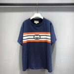 Gucci Men Interlocking G Stripe Print T-Shirt Cotton Jersey Crewneck Oversize Fit-Navy - Imagen 2