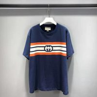 Gucci Men Interlocking G Stripe Print T-Shirt Cotton Jersey Crewneck Oversize Fit-Navy (12)