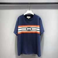 Gucci Men Interlocking G Stripe Print T-Shirt Cotton Jersey Crewneck Oversize Fit-Navy (12)