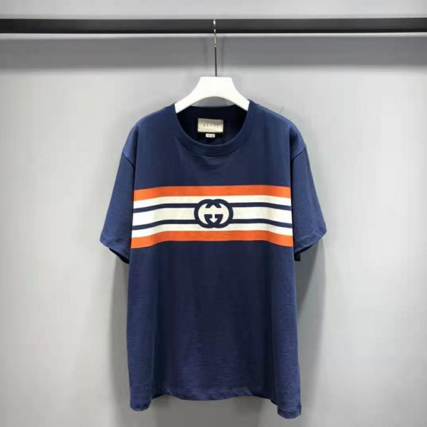 Gucci Men Interlocking G Stripe Print T-Shirt Cotton Jersey Crewneck Oversize Fit-Navy (3)
