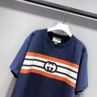 Gucci Men Interlocking G Stripe Print T-Shirt Cotton Jersey Crewneck Oversize Fit-Navy (12)