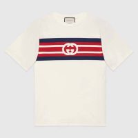 Gucci Men Interlocking G Stripe Print T-Shirt Cotton Jersey Crewneck Oversize Fit-White