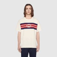 Gucci Men Interlocking G Stripe Print T-Shirt Cotton Jersey Crewneck Oversize Fit-White