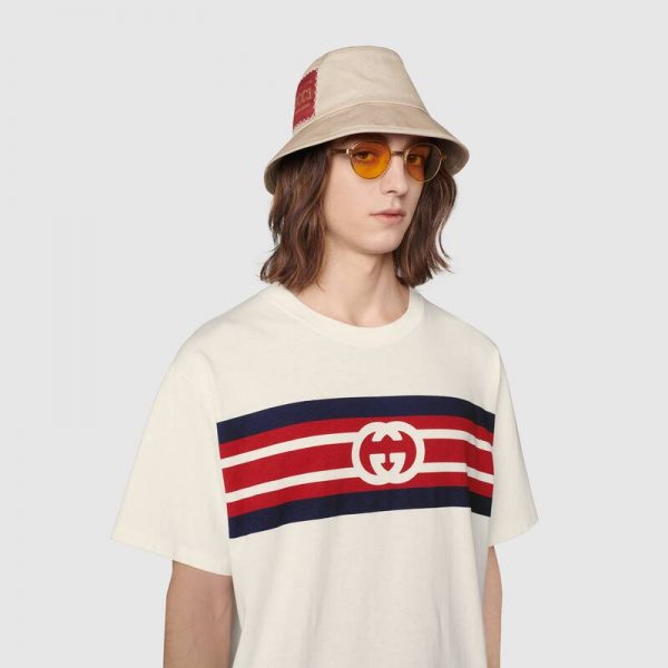 Gucci Men Interlocking G Stripe Print T-Shirt Cotton Jersey Crewneck Oversize Fit-White (2)