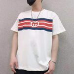 Gucci Men Interlocking G Stripe Print T-Shirt Cotton Jersey Crewneck Oversize Fit-White - immagine 11