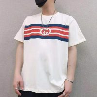 Gucci Men Interlocking G Stripe Print T-Shirt Cotton Jersey Crewneck Oversize Fit-White