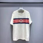 Gucci Men Interlocking G Stripe Print T-Shirt Cotton Jersey Crewneck Oversize Fit-White - immagine 2