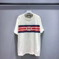 Gucci Men Interlocking G Stripe Print T-Shirt Cotton Jersey Crewneck Oversize Fit-White