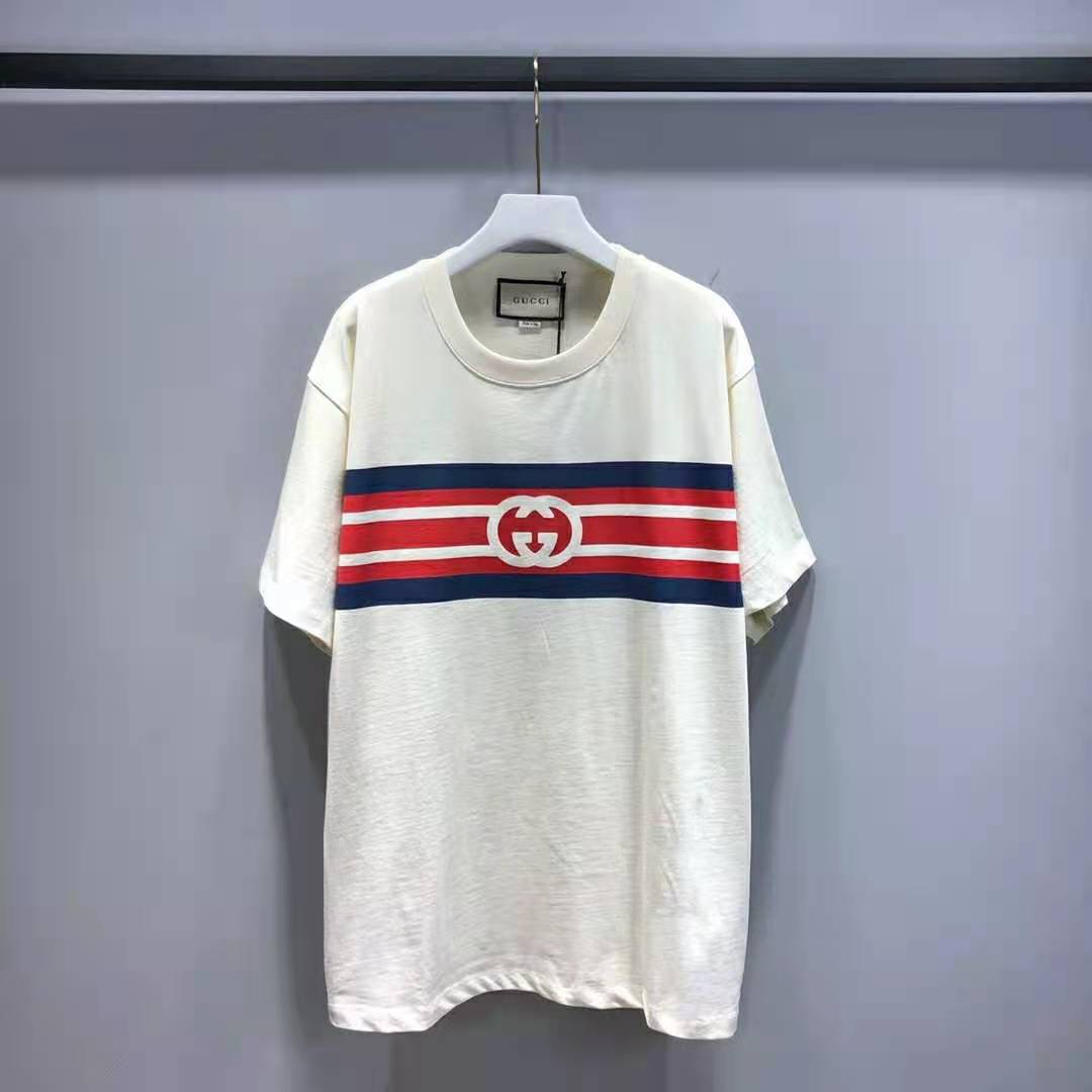 Gucci Women Interlocking G Stripe Print T Shirt Cotton Jersey Crewneck Oversize Fit White Lulux
